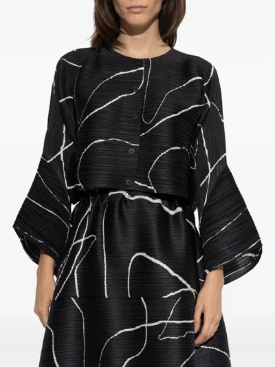 Issey Miyake Abstract Pattern Cropped Cardigan With Flared Sleeves In Black