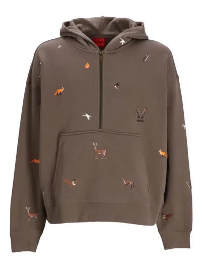 Hugo Boss Embroidered Half-zip Hoodie In Brown