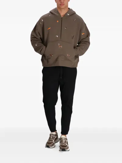 Hugo Boss Embroidered Half-zip Hoodie In Brown