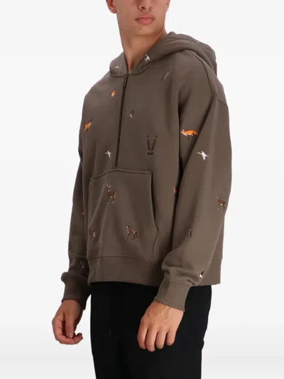 Hugo Boss Embroidered Half-zip Hoodie In Brown
