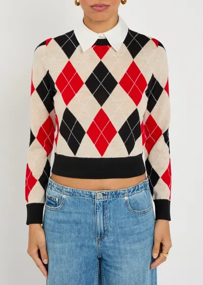 Alice And Olivia Carolann Collared Argyle Sweater In Multi