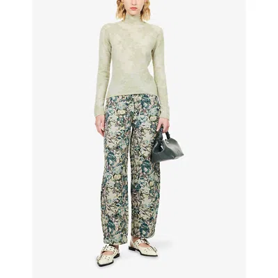 Ganni Womens Jadeite Tapestry Jacquard Wide-leg Woven Trousers In Green