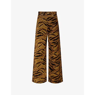 Ganni Zebra-print Cotton-blend Velveteen Wide-leg Pants In Brown