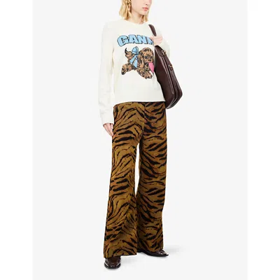 Ganni Zebra-print Cotton-blend Velveteen Wide-leg Pants In Brown