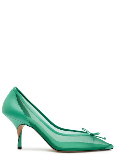 Jacquemus The Tourni Bow-detailed Leather-trimmed Mesh Pumps In Green