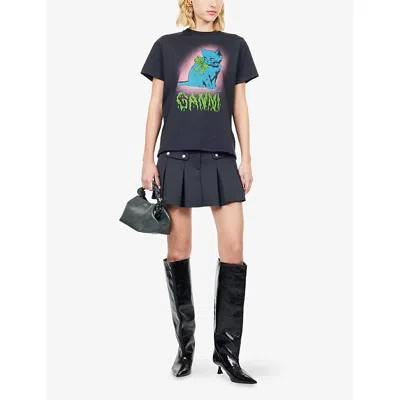 Ganni Neon Kitty Organic Cotton T-shirt In Black