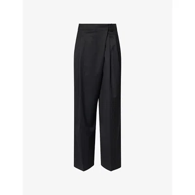 Ganni Womens Black Pleated Wide-leg Wool Trousers In Black