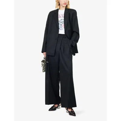 Ganni Womens Black Pleated Wide-leg Wool Trousers In Black
