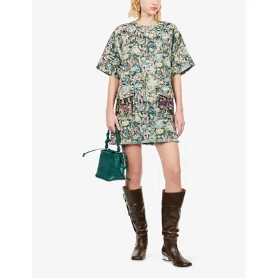Ganni Womens Jadeite Tapestry Short-sleeves Woven Mini Dress In Green