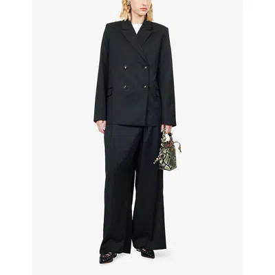 Ganni Womens Black Peak-lapels Relaxed-fit Stretch-woven Blazer In Black