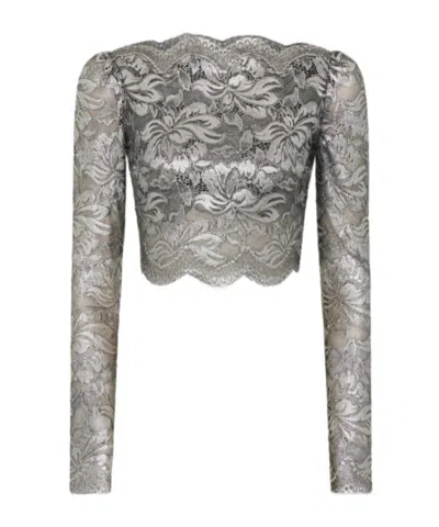 Rabanne Cropped Scalloped Stretch-lace Top In Gray