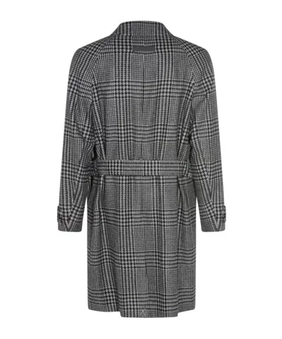 Zegna Houndstooth Pattern Coat Belted Waist In Black