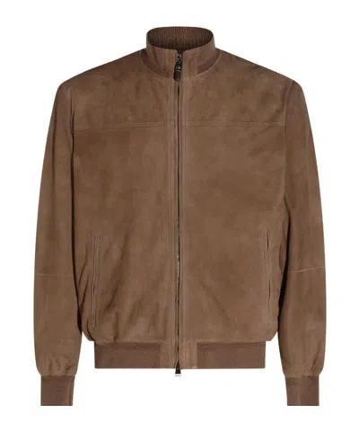 Canali Zip-up Suede Jacket In Brown