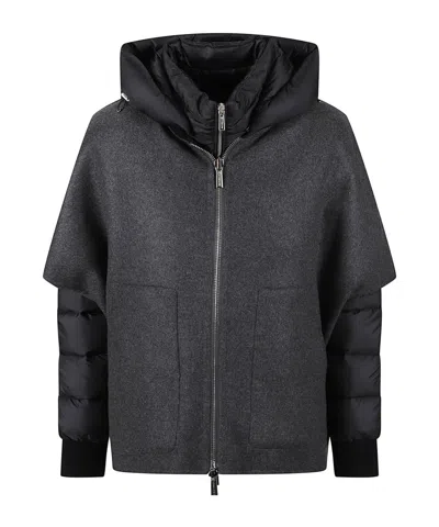 Moorer Versatile Short Cape With Detachable Down Bomber And Fox Fur Trim In Black