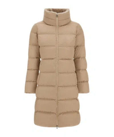 Herno Satin And Lady Alternative Fur Long Jacket In Brown