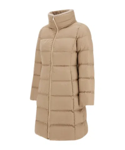 Herno Satin And Lady Alternative Fur Long Jacket In Brown