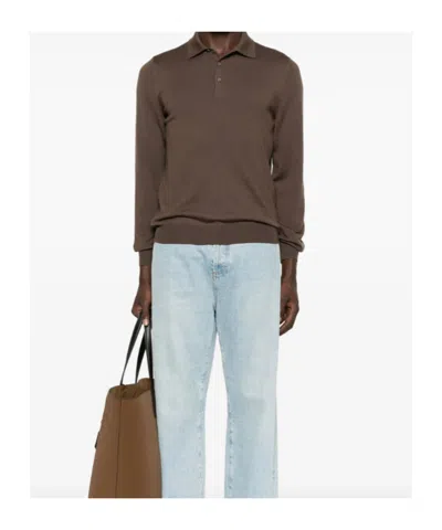 Tagliatore Long Sleeve Wool Polo Sweater With Collar In Brown