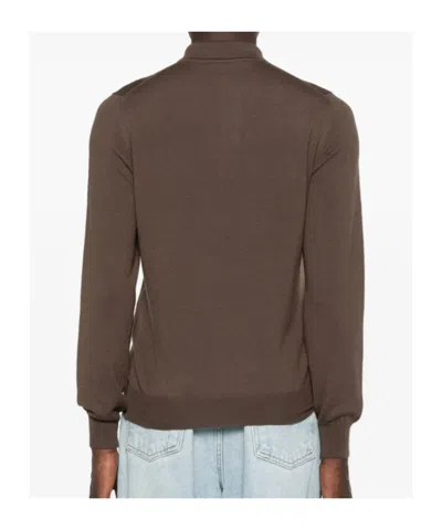 Tagliatore Long Sleeve Wool Polo Sweater With Collar In Brown