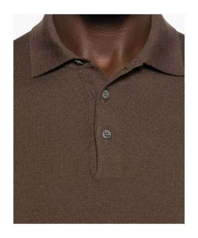 Tagliatore Long Sleeve Wool Polo Sweater With Collar In Brown