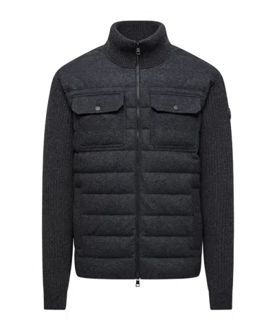 Moncler Quilted High Collar Cardigan Featuring Pockets In Gray