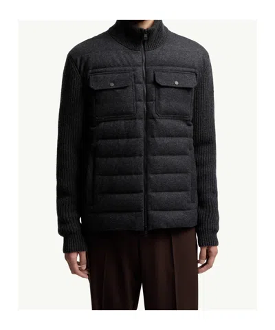 Moncler Quilted High Collar Cardigan Featuring Pockets In Gray