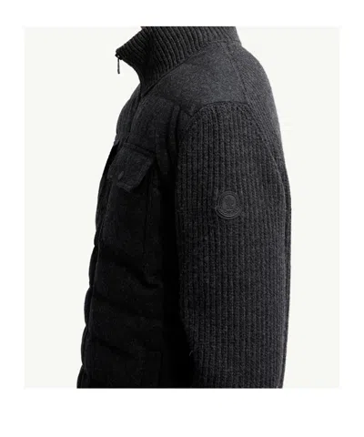 Moncler Quilted High Collar Cardigan Featuring Pockets In Gray