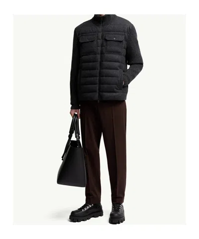 Moncler Quilted High Collar Cardigan Featuring Pockets In Gray
