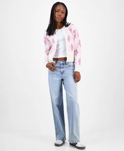 Hooked Up By Iot Juniors' Argyle Crewneck High-rib Cardigan In Pink