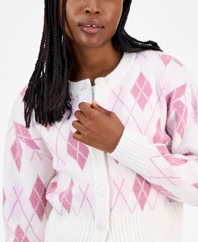 Hooked Up By Iot Juniors' Argyle Crewneck High-rib Cardigan In Pink
