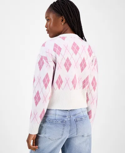 Hooked Up By Iot Juniors' Argyle Crewneck High-rib Cardigan In Pink