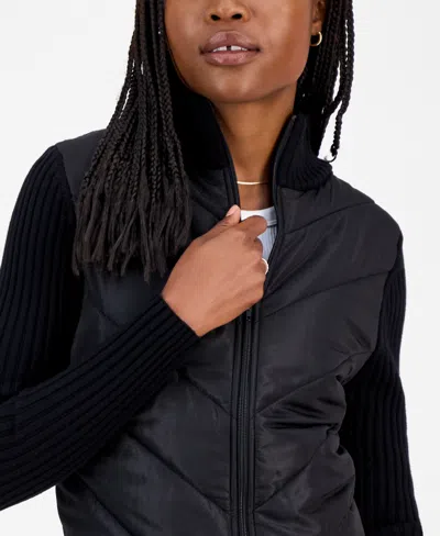 Madden Girl Juniors' Quilted-front Full-zip Cardigan In Black