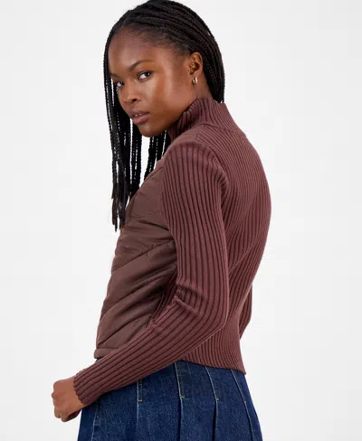 Madden Girl Juniors' Quilted-front Full-zip Cardigan In Brown