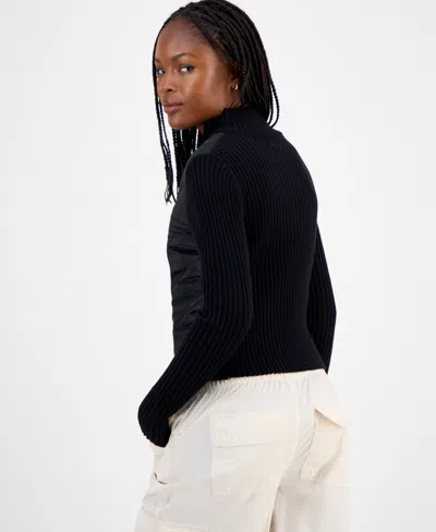 Madden Girl Juniors' Quilted-front Full-zip Cardigan In Black