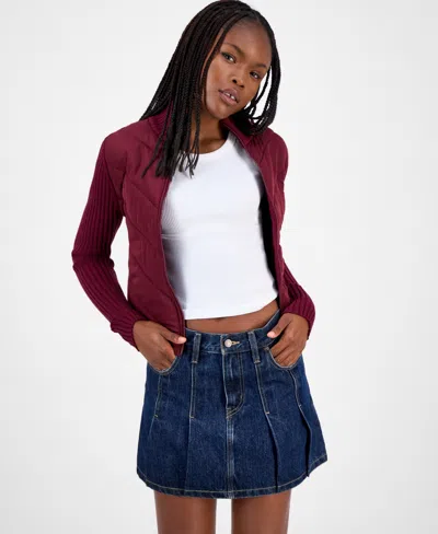 Madden Girl Juniors' Quilted-front Full-zip Cardigan In Burgundy