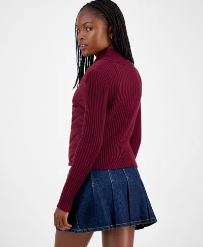 Madden Girl Juniors' Quilted-front Full-zip Cardigan In Burgundy