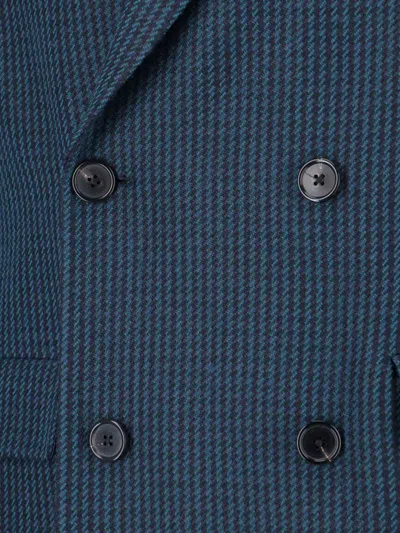 Paul Smith Double-breasted Long Jacket Back Vent In Blue