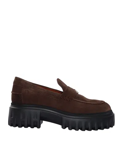 Hogan Suede Moccasins With Rubber Lug Sole In Brown