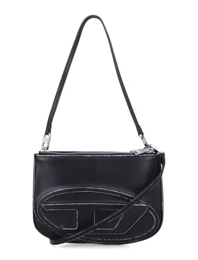 Diesel Twin-double-pouch Embossed-leather Shoulder Bag In Black