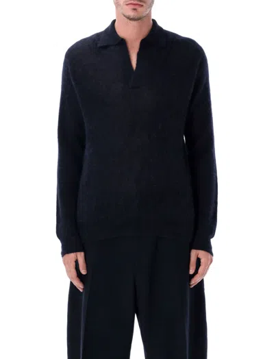 Auralee Classic Polo Sweater With Ribbed Collar And Buttoned Placket In Blue