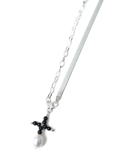 Santangelo Beaded Cross Pendant Necklace In Silver