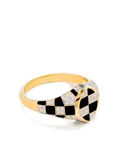 Yvonne Léon 9k Yellow Gold Check-pattern Diamond-embellishment Ring In Blue