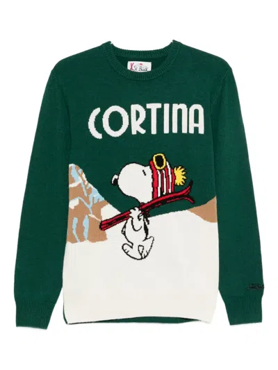 Mc2 Saint Barth Green Wool-blend Sweater With Snoopy Cortina In Multi