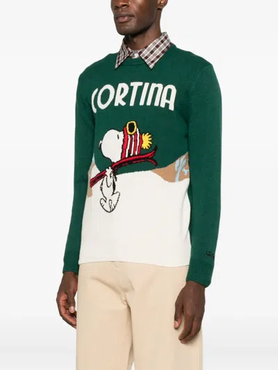 Mc2 Saint Barth Green Wool-blend Sweater With Snoopy Cortina In Multi