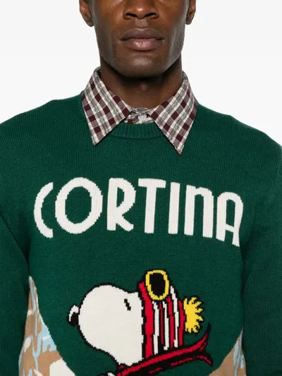 Mc2 Saint Barth Green Wool-blend Sweater With Snoopy Cortina In Multi