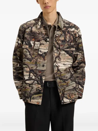 Hugo Boss Epoldo Long Sleeve Owl Print Button-front Shirt-jacket In Multi
