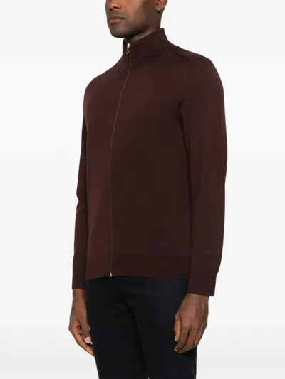 Paul Smith Merino Wool Zip-up Sweater In Burgundy