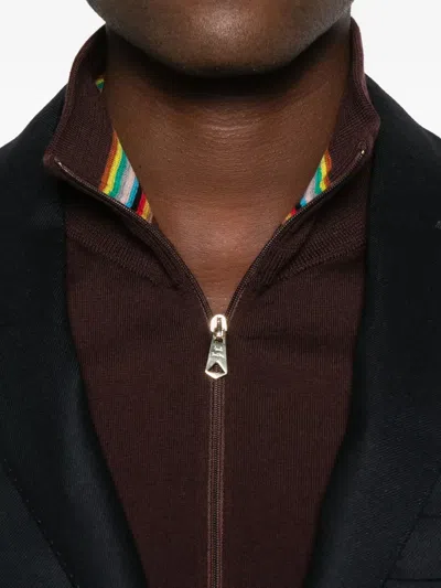 Paul Smith Merino Wool Zip-up Sweater In Burgundy