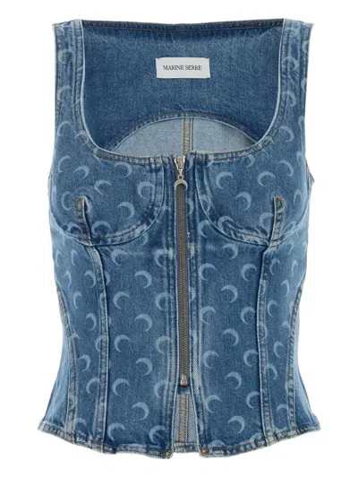 Marine Serre Moon Denim Bustier Top In Blue