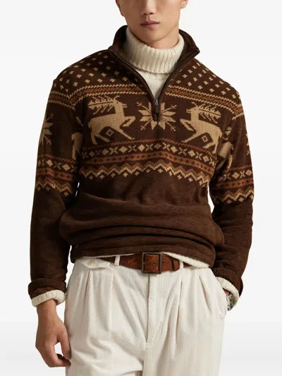 Polo Ralph Lauren Fleece Fair Isle Quarter-zip Sweatshirt In Brown