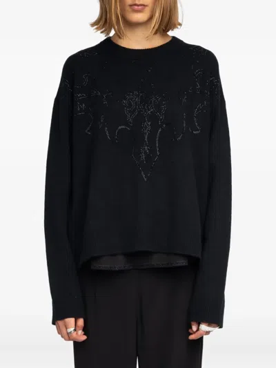 Zadig & Voltaire Markuz Crystal Embellished Cashmere Sweater In Black